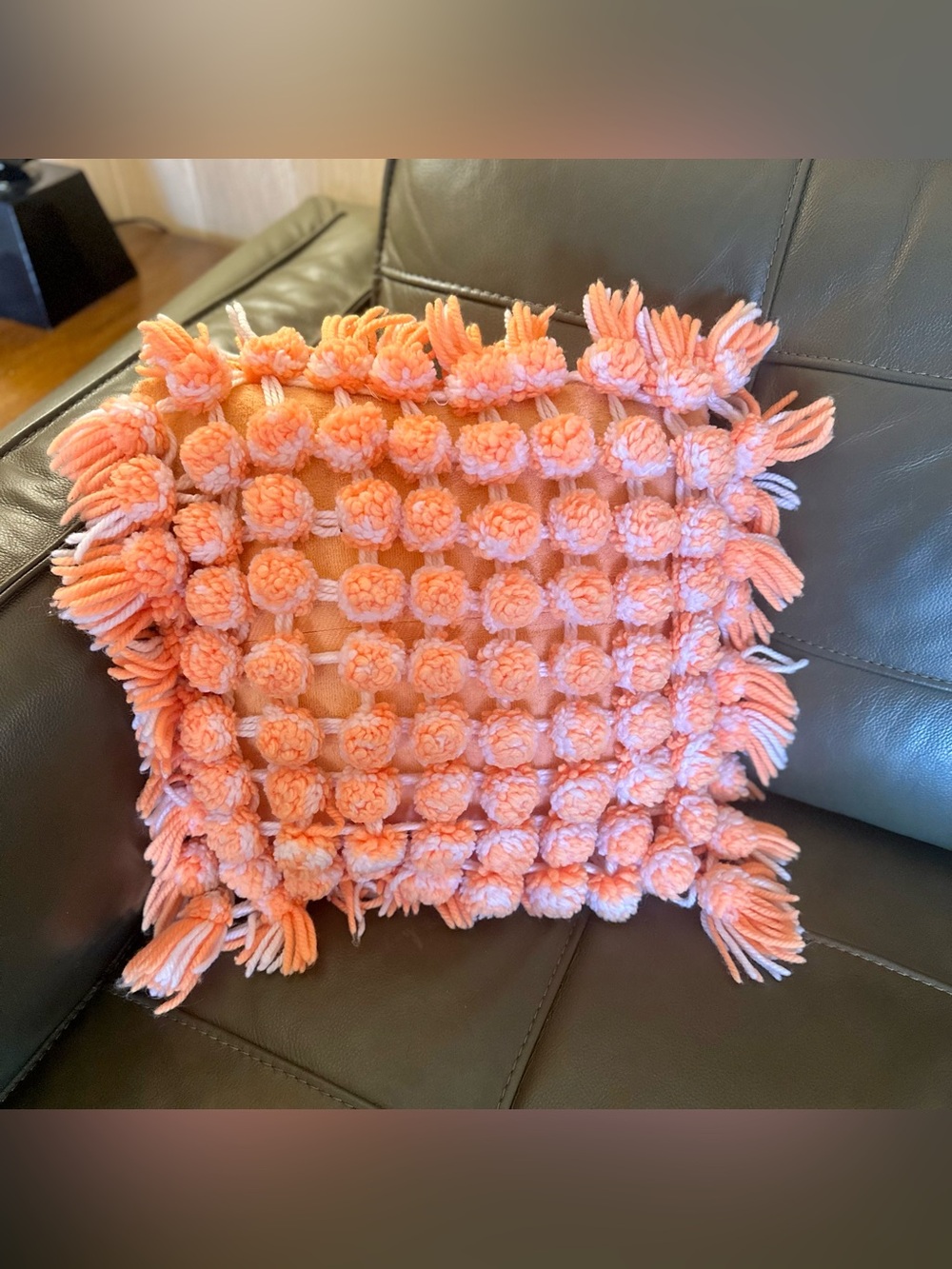 Vintage Peach Pom-Pom Accent Pillow - Handmade Fiber Art